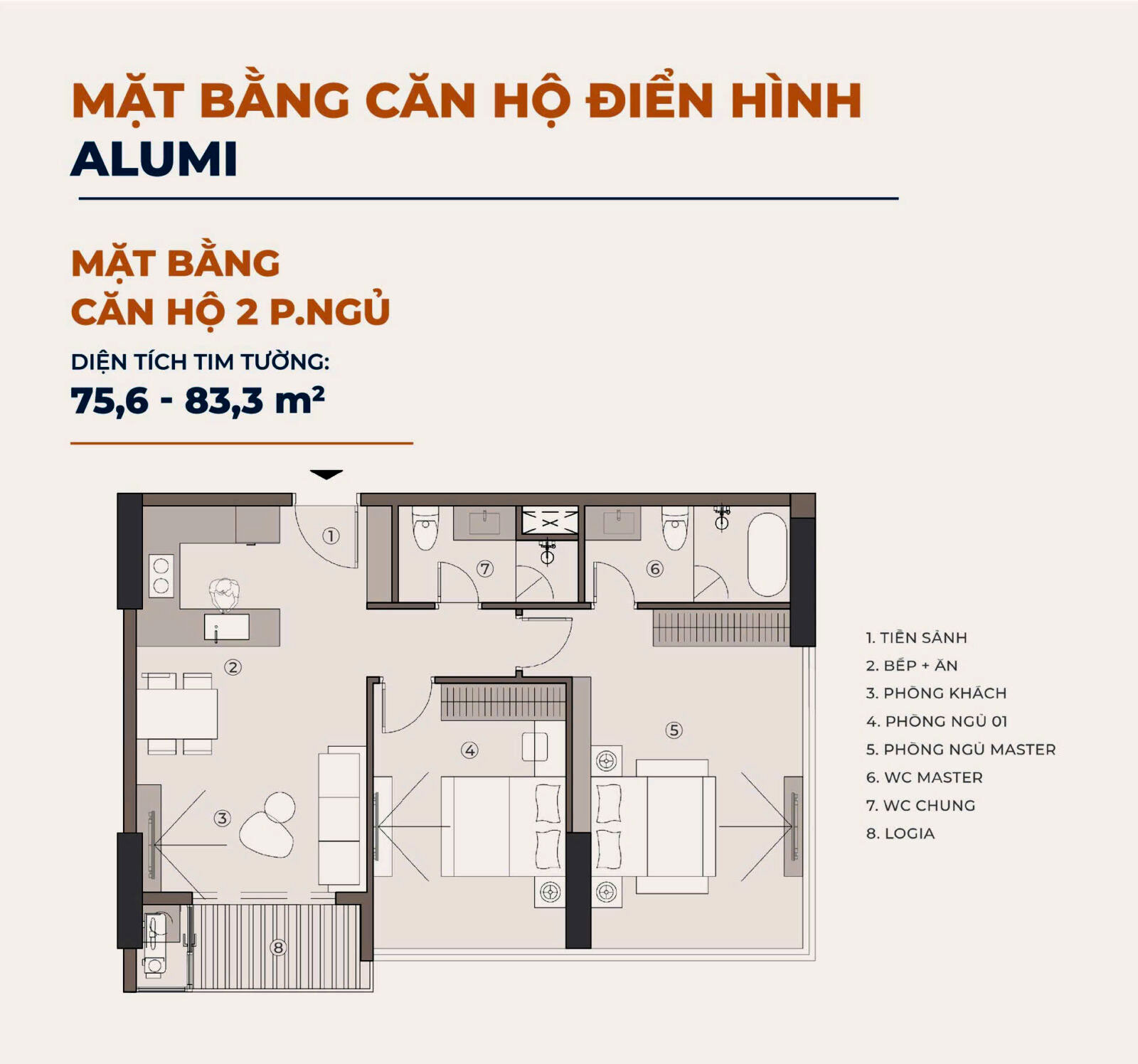 Thiết kế căn hộ 2 phòng ngủ Alumi – dự án Alluvia City Hưng Yên